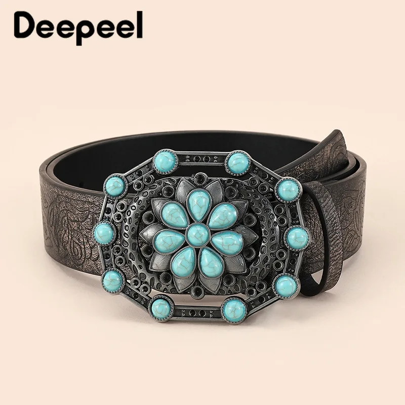 

3.5*105cm Women's Retro Smooth Buckle Belts with Stones Buckles Decorative Waistband Casual Embossed Leather Corset for Jeans