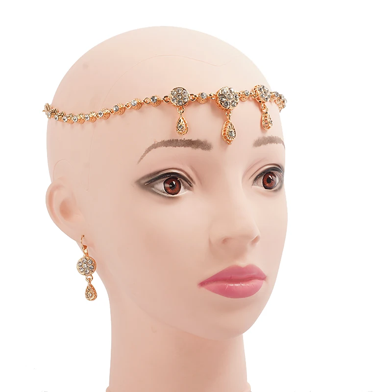 Arabic Luxury Hair Chain Gold Plated Head Piece for Bridal Crystal