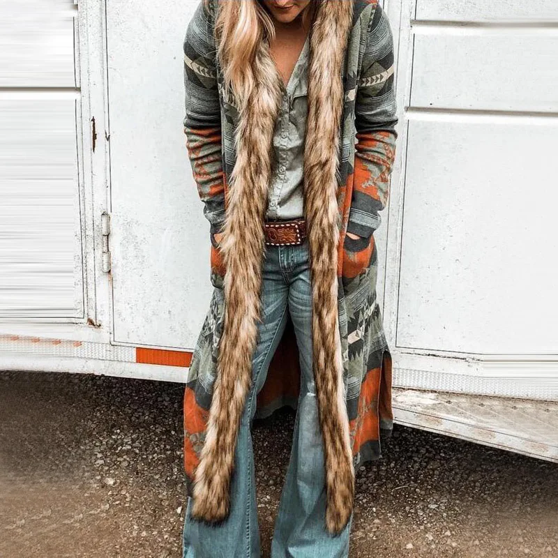

Winter 2023 New Long-sleeved Printed Long-sleeved Coat with Long Wool Collar