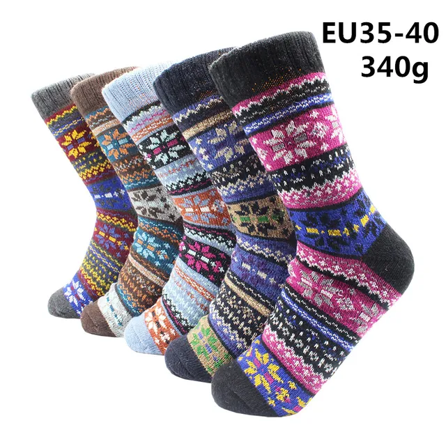 5 Pairs Winter Warmer Women Thicken Thermal Wool Cashmere Snow Socks Fashion Casual Euramerican National Wool Socks for Women 5 Pairs -YM021