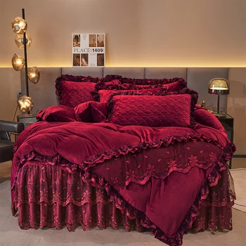 AI WINSURE Winter Embroidered Velvet Duvet Cover Set King Double Queen Size 4pcs Bedding Set Lace Bedspread with 2 Pillow Shams 1