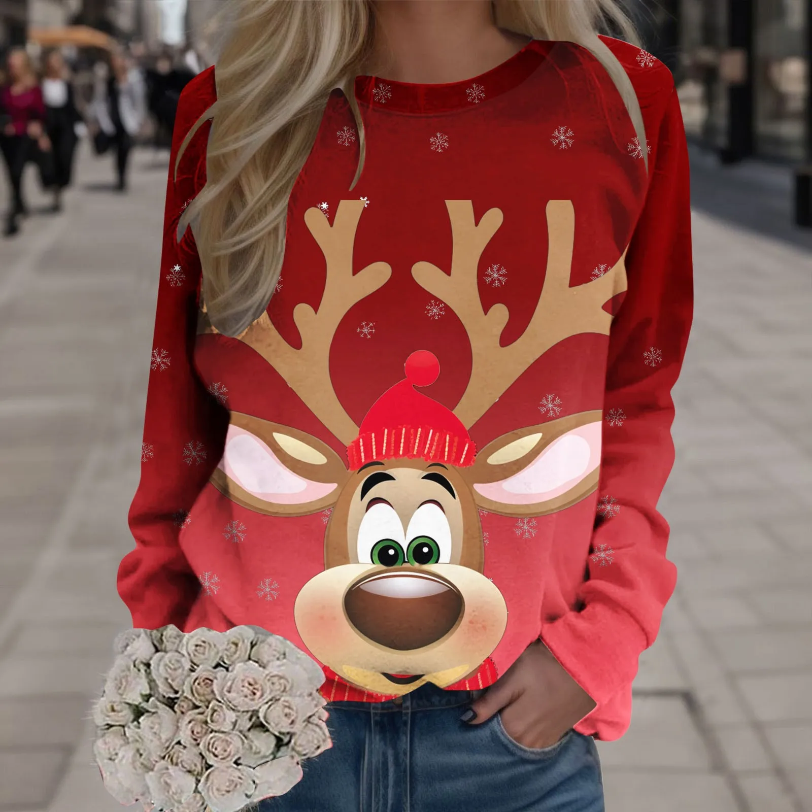 

Cute Eik Print Hoodies Women Merry Christmas Print O Neck Sweatshirt Round Neck Fit Pullover Tops Warm Sweater Streetwear Coats