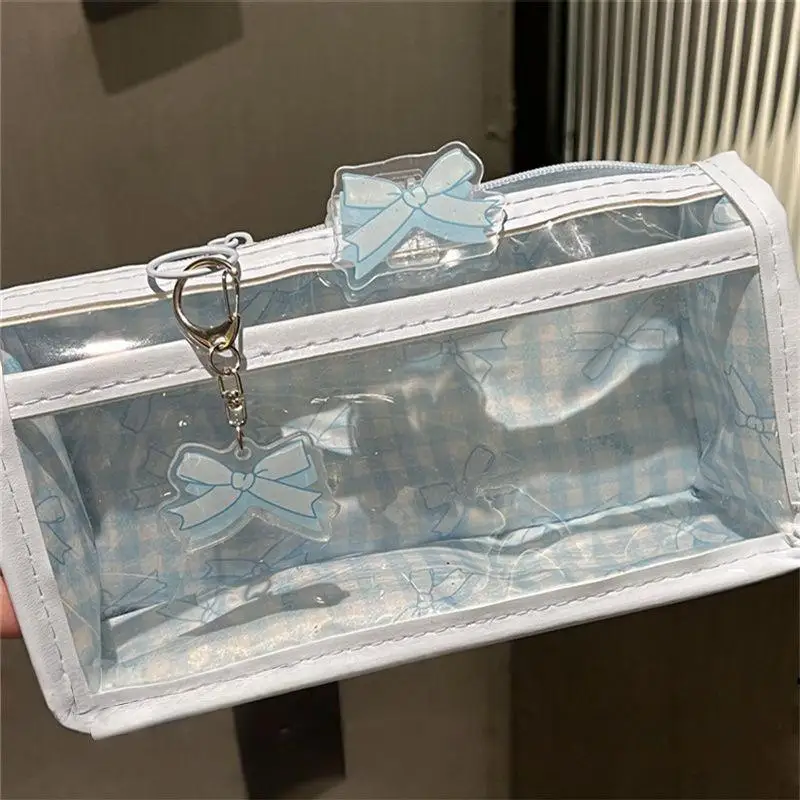 핑크 체크무늬 이중 레이어 투명 필통 고급 학생용 대용량 문구 보관 가방 인스 스타일