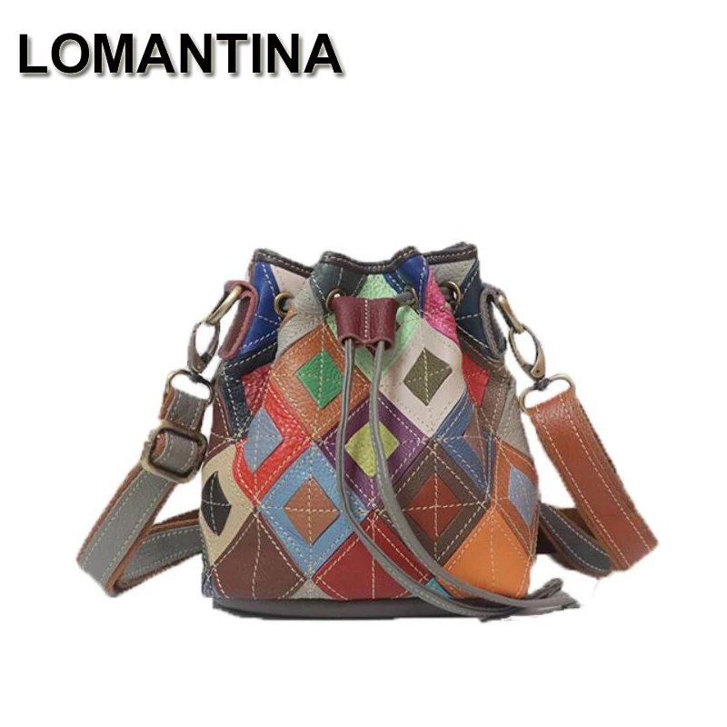 

LOMANTINA New Summer Spring Colorful Bucket Bags For Girls High Quality Genuine Leather Designer Small Tote Crossbody Messenger