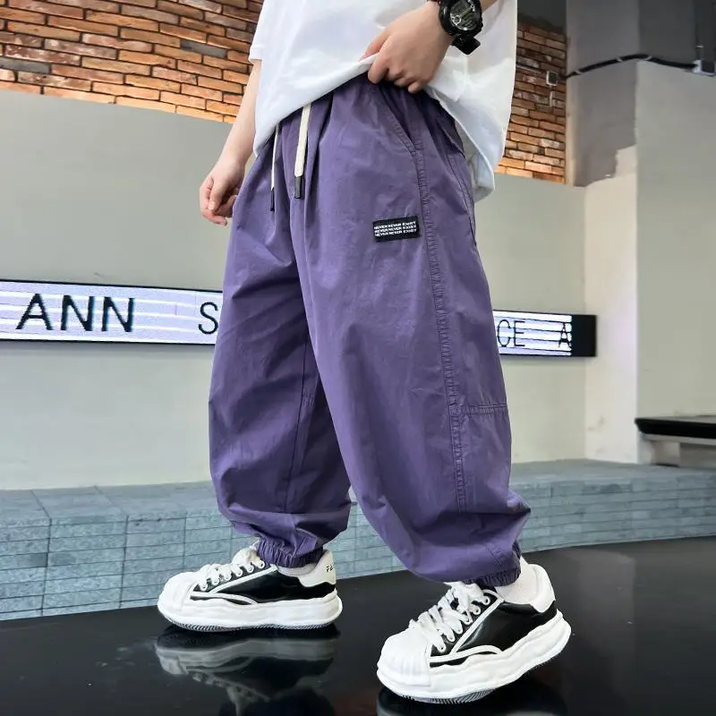 

Childrens Purple Casual Trousers Korean Teens Fashion Boys Cargo Pants 2024 Summer New Thin Casual Pants Children Boy Clothes