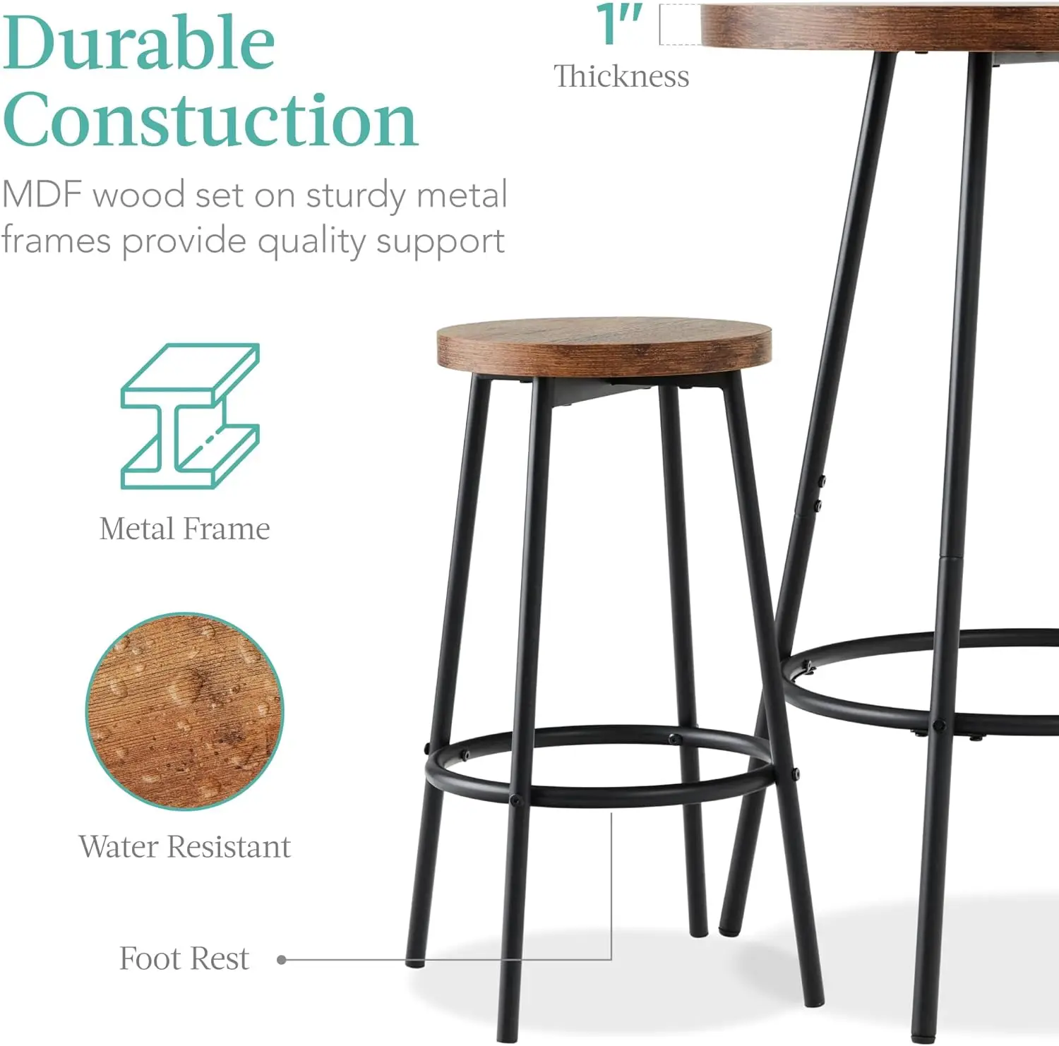 Best Choice Products Bistro Dining Set 3 Piece, Modern Round Counter Height Pub Table, Compact High Top with Bar Stools Pub
