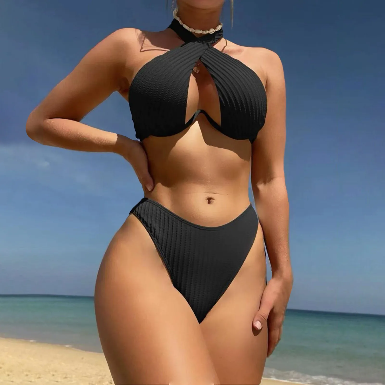 

Swimsuit New Bikinis 2024 Sexy Halter Cross Underwire Bikini Set Swimwear Women Black Push Up High Waist Swimsuit Beachwear