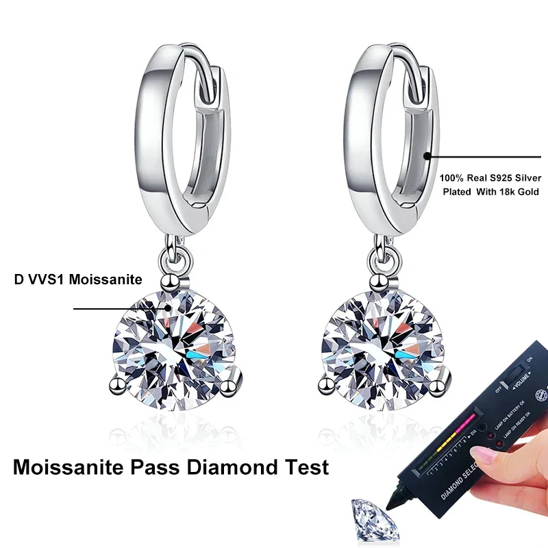 Ear Accessories 2ct Moissanite Earrings S925 Sterling Silver Drop Earring for Women