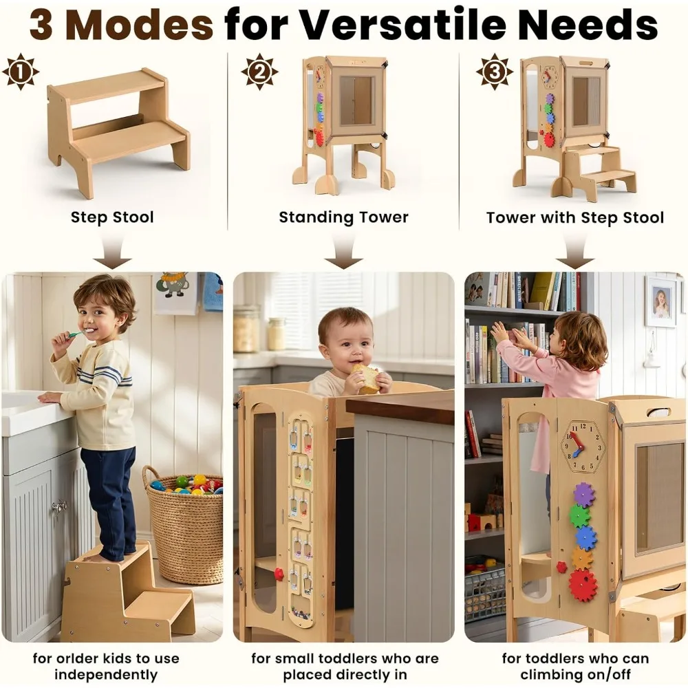 Foldable Toddler Kitchen Tower with Safety Net, Adjustable Height, Montessori Activities & 2-Step Stool