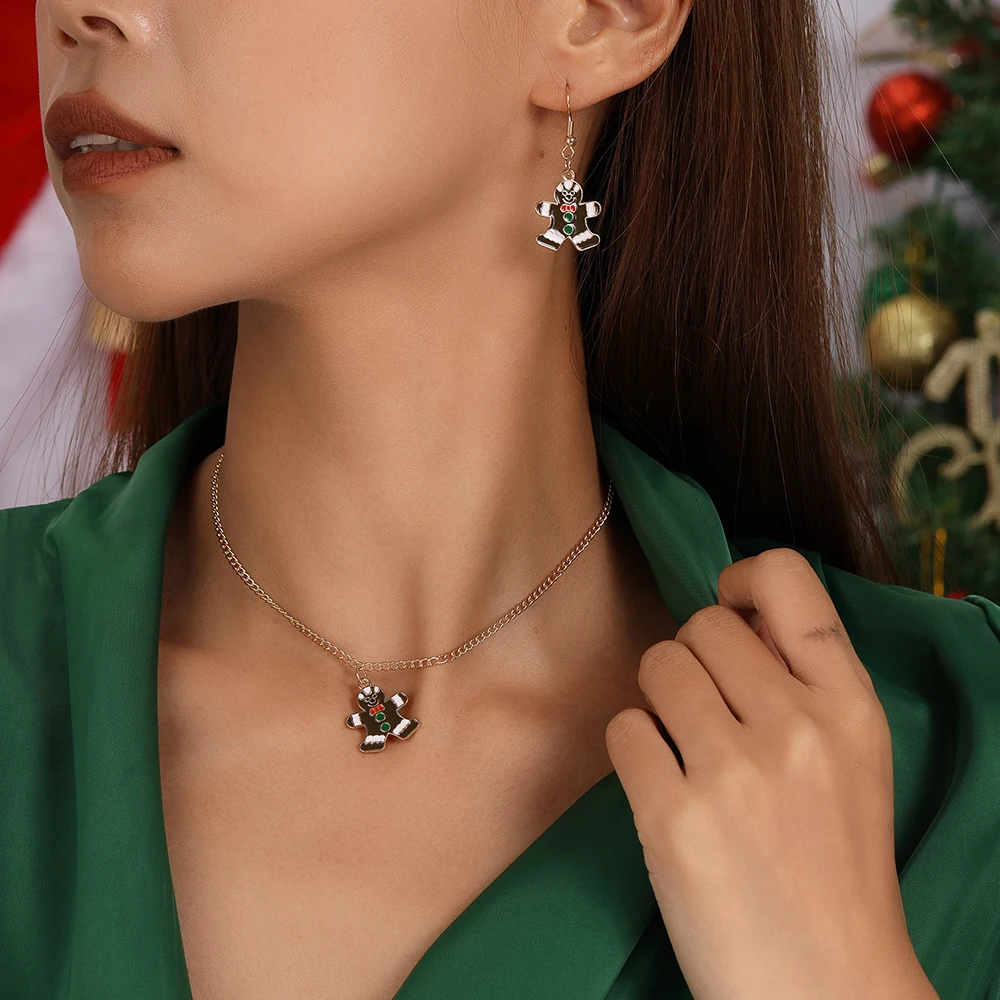 Leslie Fashion Weihnachts-Schneemann-Halskette, Weihnachtsmann, Hirsch, Weihnachtsbaum, Halskette, Ohrringe für Damen, Neujahrs-Schmuckset – Detail 1