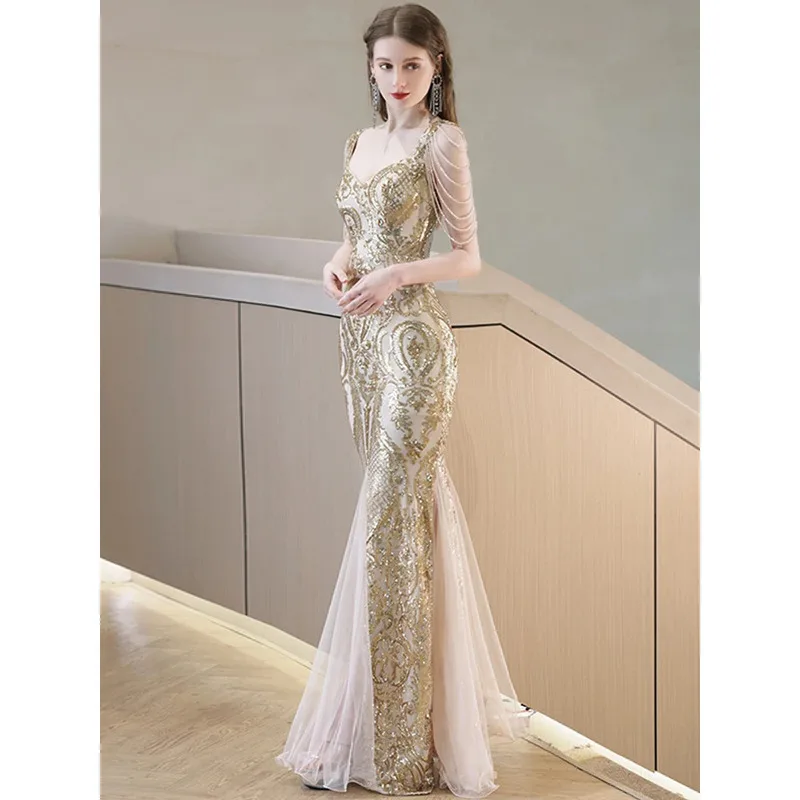 Golden Slim Evening Dresses Banquet Gown Sexy Tassel Shoulder Collar Female Party  vestido de festa New launched dress
