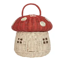 Handmade Rattan Mushroom-Shaped Storage Basket- Cute Handmade Handcrafted Gift Decoration Artwork Rattan, Red 1