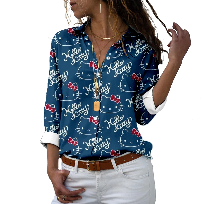 

New 3D Printing Fashion Early Autumn Cartoon HELLOKITTY Long Sleeve Shirt Women's Top Women's Shirt Top Full Button