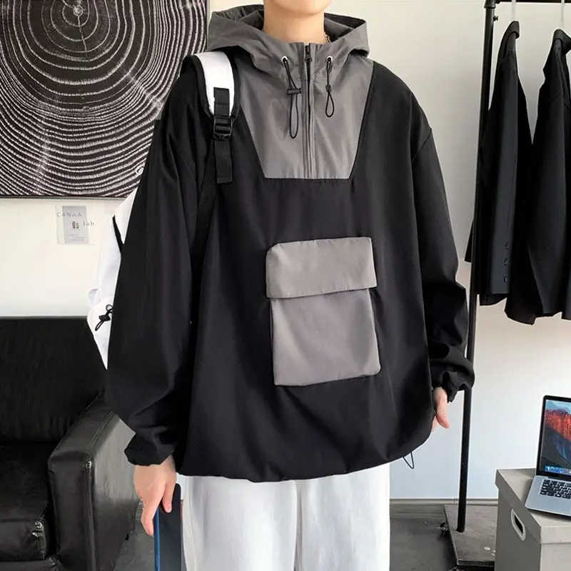 Pocket Long Sleeve Men Hooded Drawstring Sweatshirts Teenagers Hit Color Fashion Casual Oversized Clothing Streetwear Black Blue