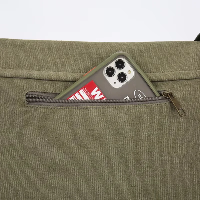 Cute Cat Print Army Green Canvas Crossbody Messenger Bag Large Capacity Multiple Pockets Go To School Book Bag