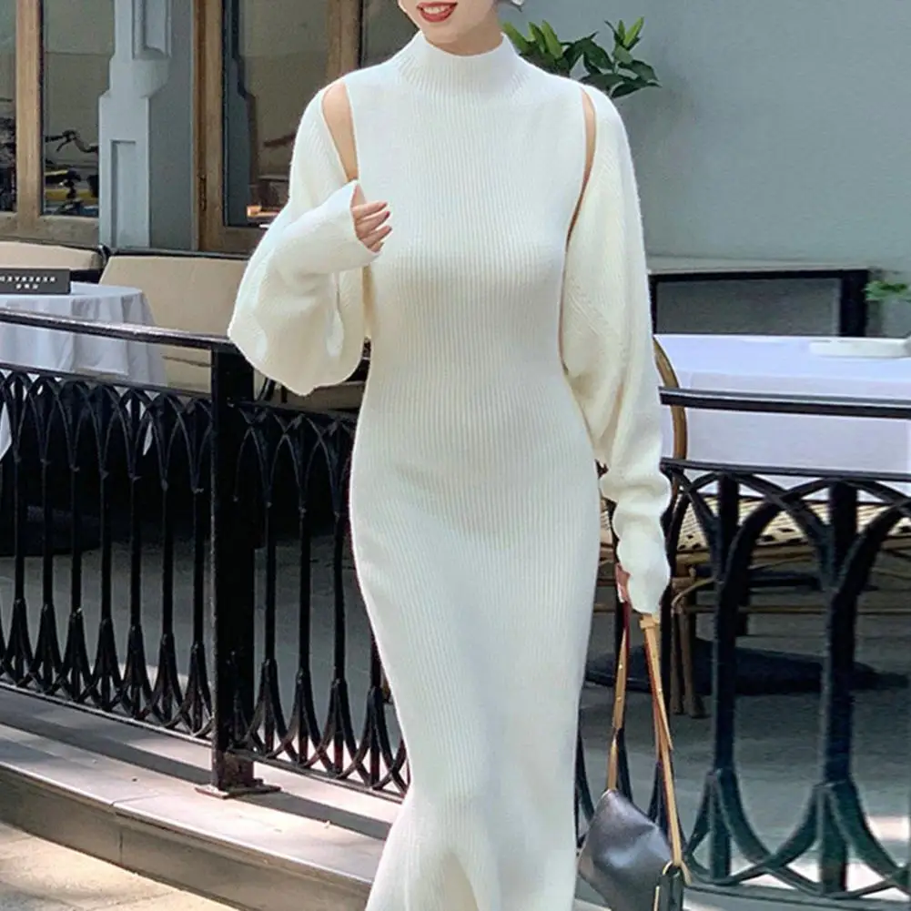 

1 Piece Women's Knitted Dress Cardigan Suit High Neck Long Sleeve Dress Elegant Women's Casual Slim Fit Sweater Dress