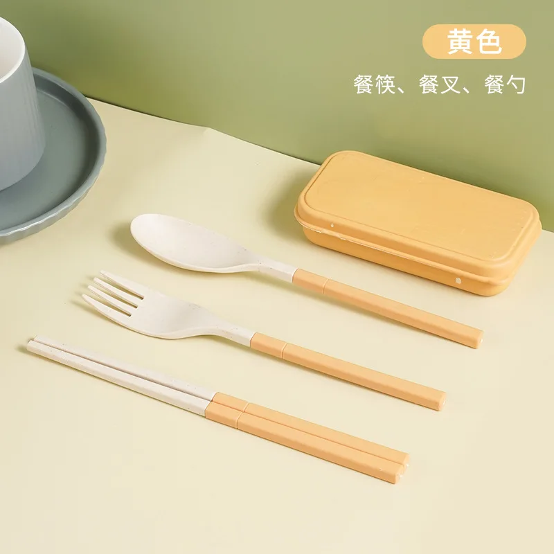 Portable Foldable Cutlery Set Wheat Straw Tableware Outdoor Camping Kids Dinner Set With Mini Box Dinnerware 3PCS, cutlery set, western style cutlery set, picnic cutlery set, picnic tableware, camping cutlery set