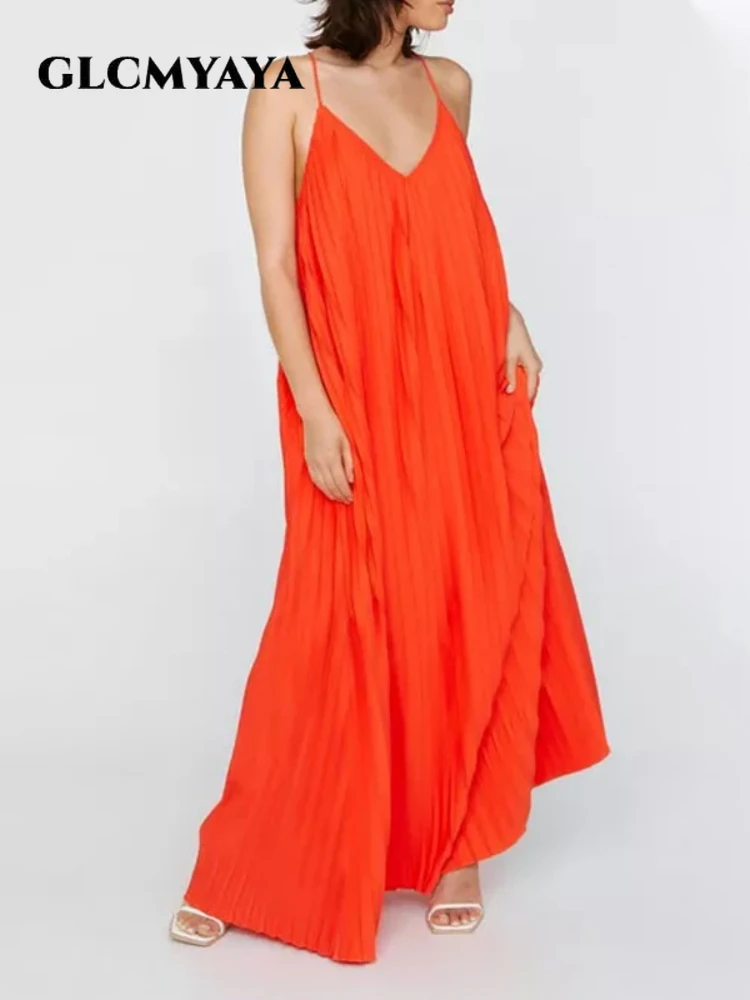 

GLCMYAYA Women Chic Spaghetti Strap V-neck Sleeveless Backless Pleated Maxi Long Dress Street Holiday Boho Solid Fashion Dresses