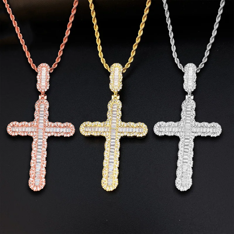 

Hip Hop Iced Cubic Zirconia Cross Pendant Men Jewelry Plated 16K Gold Hiphop Religious Pendant Necklace Wholesale Dropshipping