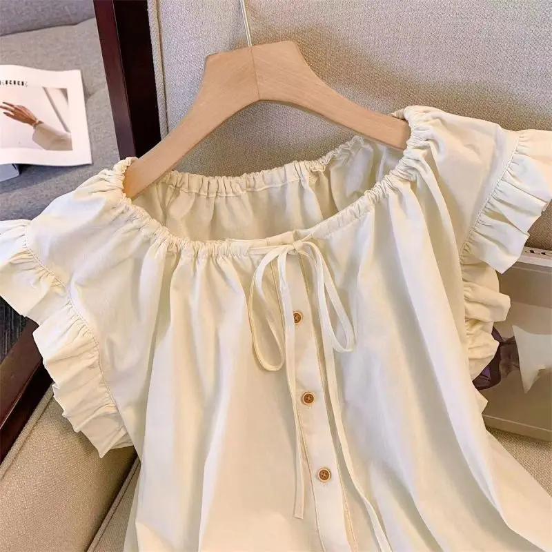 2024 Summer New Women's Blouse Crew Neck Tie Up with Button Spliced Ruffles Flying Sleeve Fashion Sweet Loose Shirt Tops