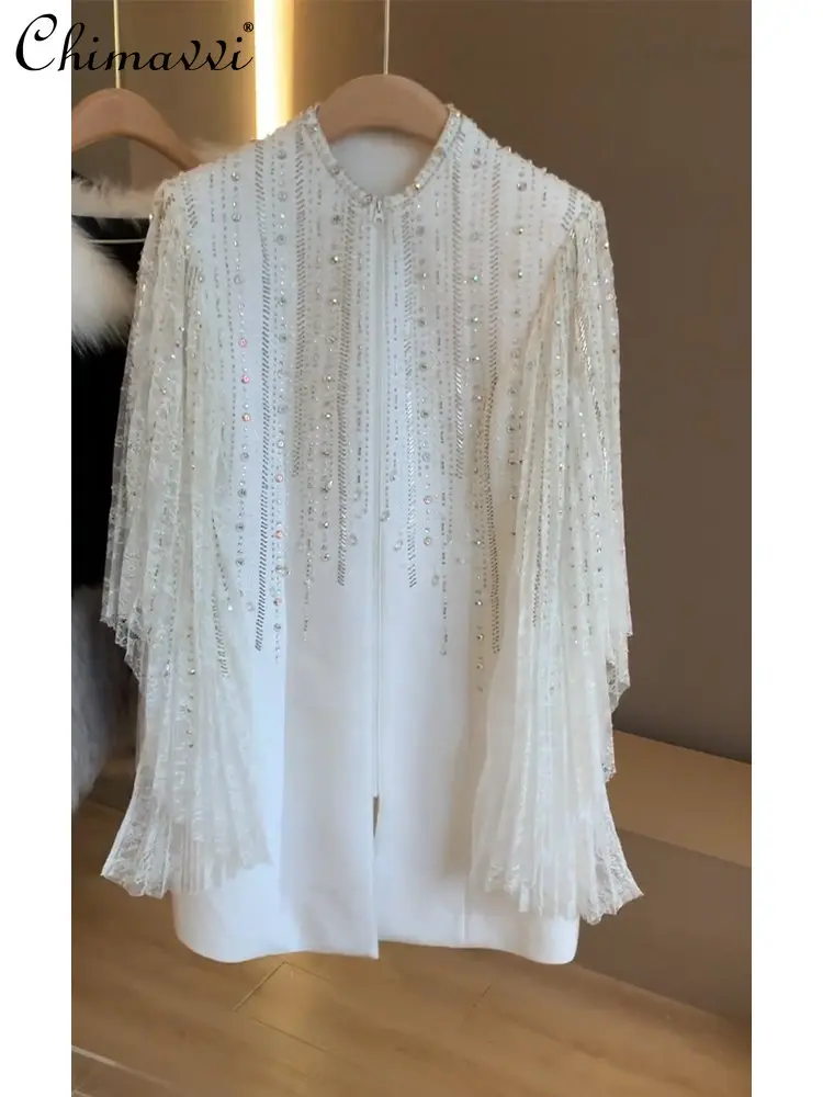 

Early Spring French Style High-Grade White Heavy Inner Wear Base Shirt Loose Long Sleeve Beaded Temperament Tops Ladies Blouse
