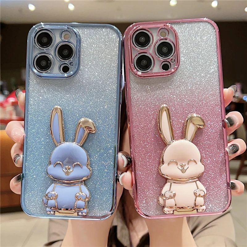 

Luxury Plating Glitter Rabbit Holder Phone Case For iPhone 15 14 12 13 11 ProMax X XS Soft Shockproof For iPhone 15 Stand Cover