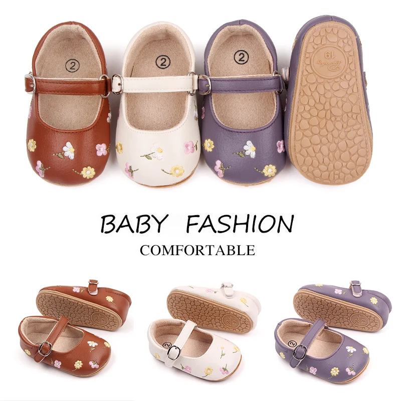 Baby Girl Princess Shoes High Quality Soft PU Embroidery Flower TPR Sole Anti-slip for Toddler Girl 0-12 Months 2023 New Fashion