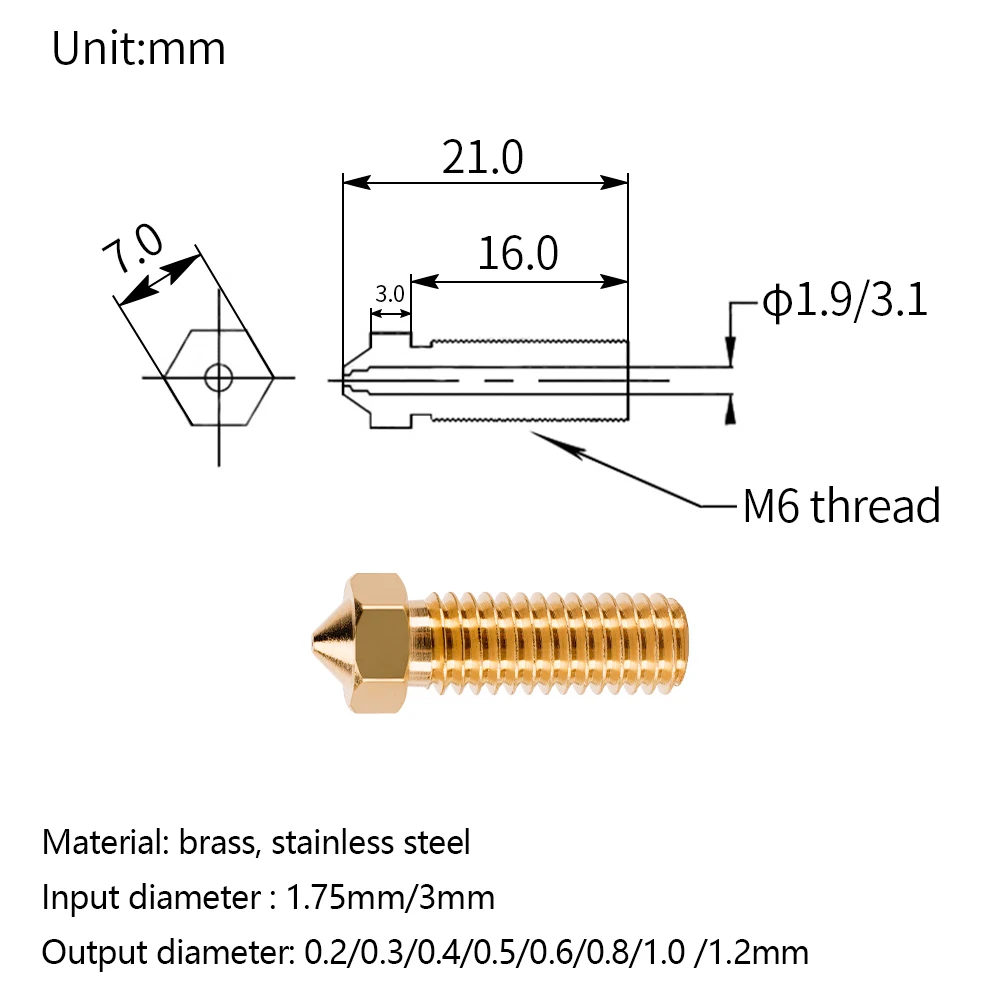 E3D 화산 스테인리스강 노즐, 황동 깍지 M6 스레드 3D 프린터 핫엔드 깍지, 1.75mm 필라멘트용 0.2mm-1.2mm, 10 개