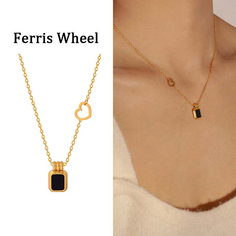 BlackPendantNecklaceForWomenStainlessSteel18KGoldPlatedLinkChainElegantNecklaces