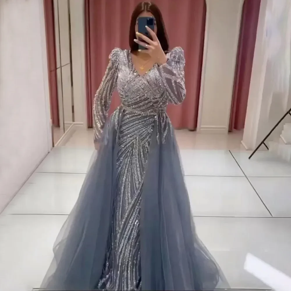 S1ae5b0554ebf41f5b50fea01a42d2bdcR Dubai Mermaid Beaded Luxury Blue Muslim Evening Dresses Gowns with Detachable Skirt for Women Party Mallzona