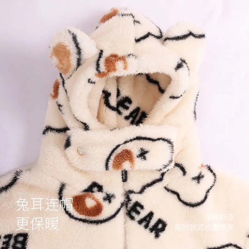 Print Warm Sleepwear Winter Women Pajama Hooded Thick Coral Velvet Women Nightwear Zipper Korean Long Sleeve Trouser Soft Pyjama