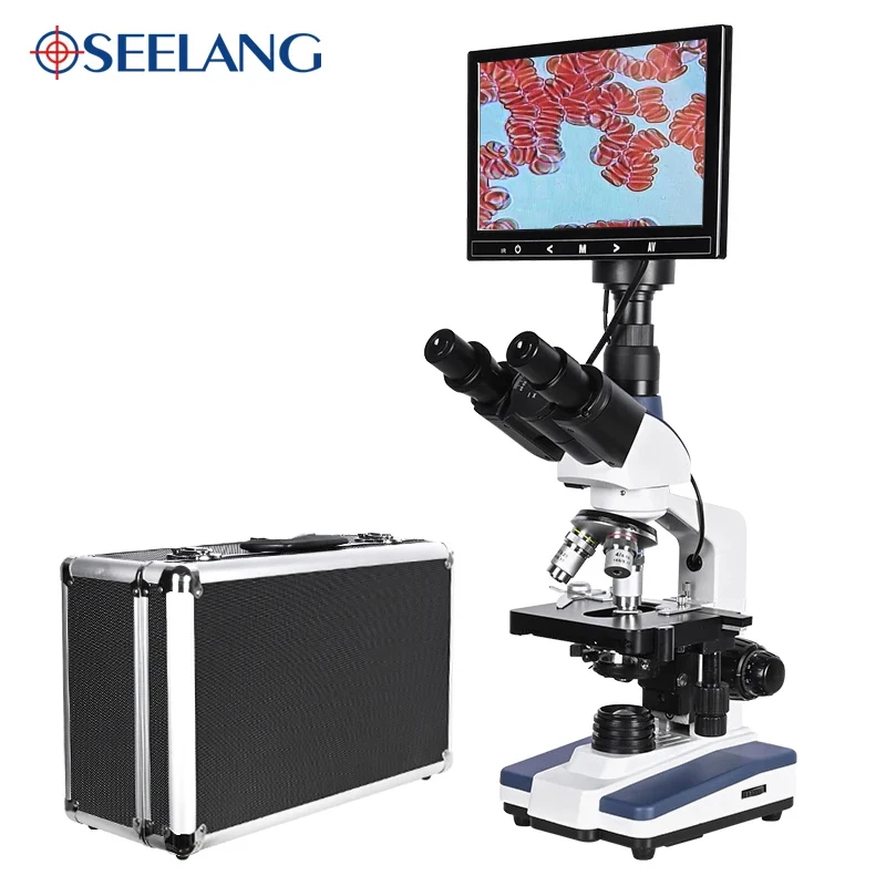 Cellule Del Sangue Professionali 5Mp Microscopio Digitale Trinoculare Hd Da Laboratorio Biologico Usb Led + Oculare Elettronico + Lcd Da 9 Pollici + S