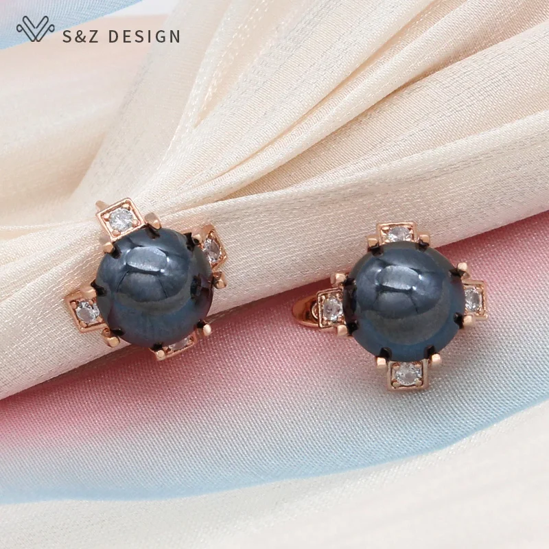 S&Z DESIGN New Fashion Luxury 585 Rose Gold Color Round Simulated-pearl Drop Earrings For Women Elegant Wedding Jewelry