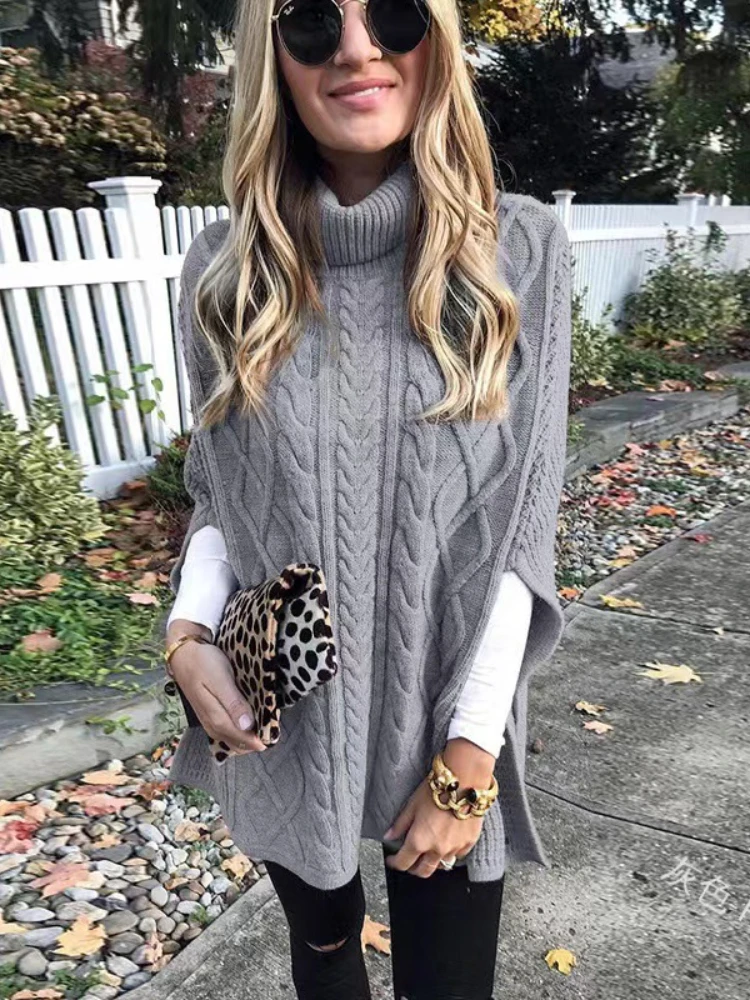 

2023 Autumn New High Collar Solid Street Trendy Sweater Loose Fashion Sweater Women's Shawl Top Warm Knit Pullover Jumper