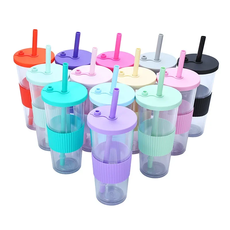 thumbnail image 2 of Vaso de plástico para batidos, 24 oz, con pajita y tapa de silicona, reutilizable, de doble pared, para café helado, 2 of 5