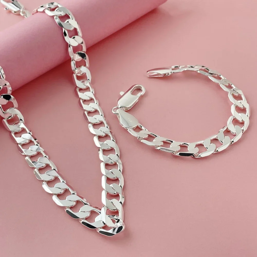 925 sterling silver 12MM side chain bracelet 23CM necklace jewelry set, suitable for men's daily wear