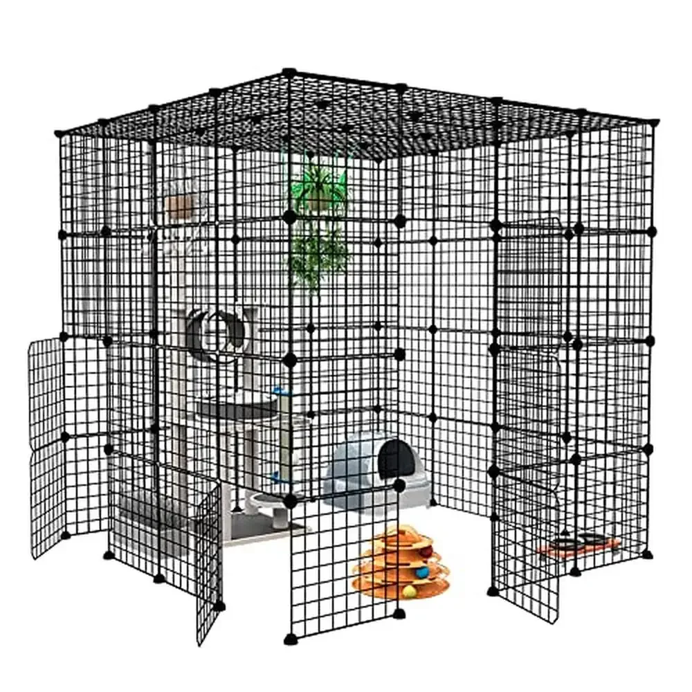 Cat Cage Enclosure Playpen Metal Wire 4-Tier House Kennel Crate 55x55x55 Inch Black Without Platform