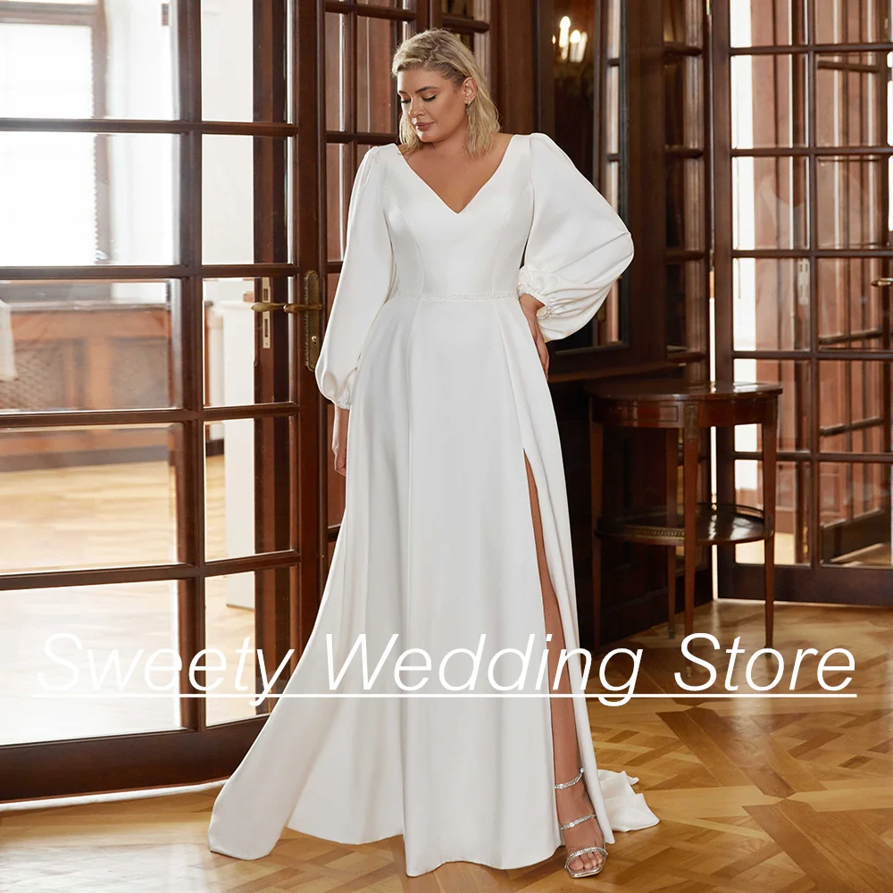 

Simple Wedding Dress Plus Size Vestido De Noiva Modern V Neck Puff Sleeves Slit Sweep Train Beading Belt Bridal Gown Robe Mariee