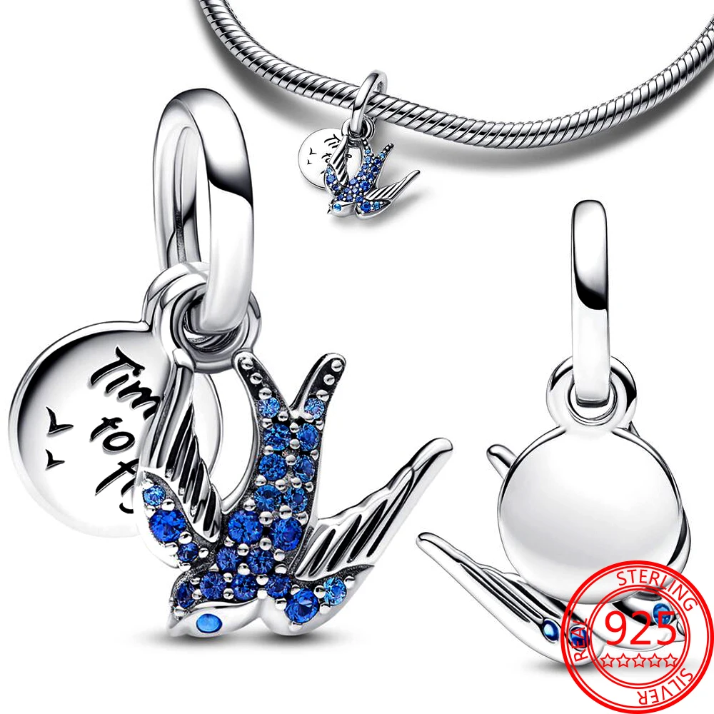 Abalorio de pluma curvada azul diferente, compatible con pulsera Pandora, collar Original de Plata de Ley 925, cuentas, regalo de joyería para mujer