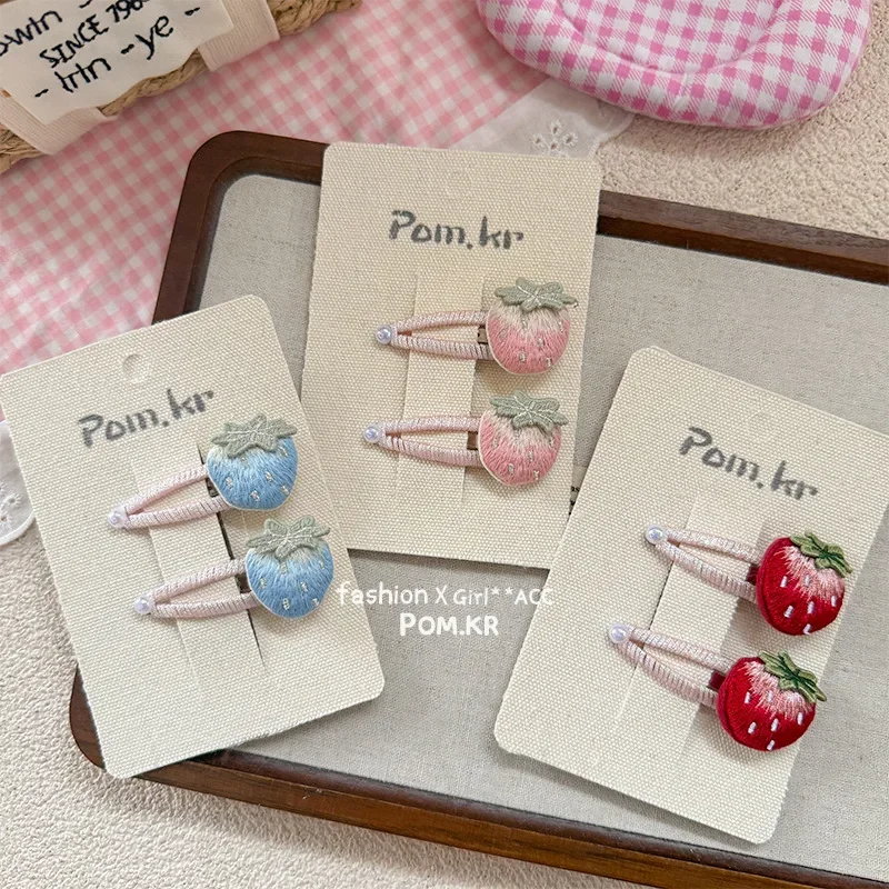 2pcs Baby Girls Strawberry Headwear Hair Clip for Kids Kawaii Hair Pin Embroidery Sweet Bang Side Clip Cute Hair Accessories