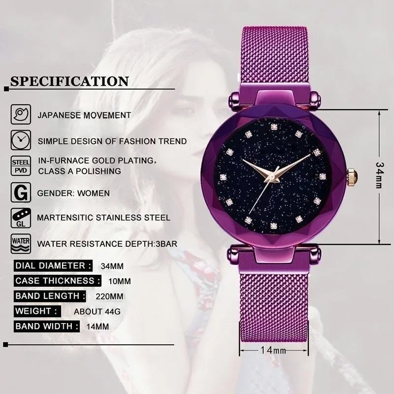 Purple Starry Sky Watch With Magnetic Strap Analog Watch Starry