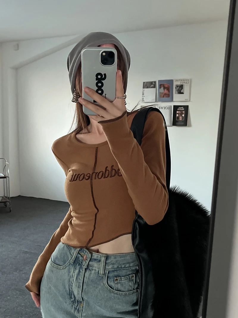 

Футболка женская в стиле Харадзюку, облегающий кроп-Топ с длинным рукавом, топ в винтажном стиле, в стиле ретро, американская мода, Y2k