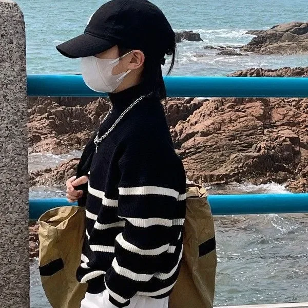 남아 가을 니트 스웨터, 세련된 트렌디 베이비 스트라이프 베이스레이어 탑, 중소 아동용, 새로운 2024 모델
