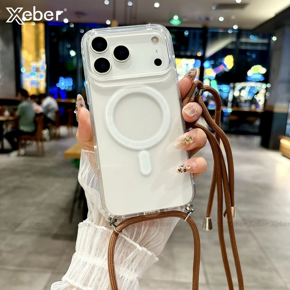 Clear Crossbody Lanyard Necklace Case with Magnetic Wireless Charging Cover