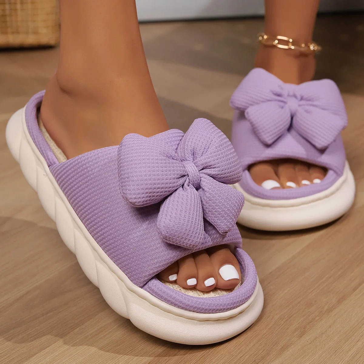 Fashion Bowknot Linen Home Slippers Women Thick Sole Non Slip House Cotton Shoes Woman Flat Heels Platform Indoor Slippers 2024 - Image 3