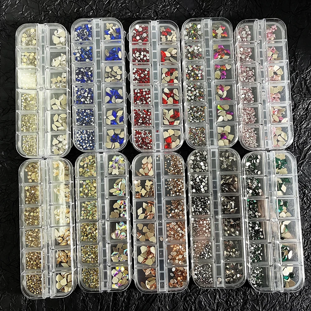 720/1000pcs 샴페인 네일 아트 라인 석 5/10pcs 모양의 보석 75/120pcs 미니 다이아몬드 혼합 크기 플랫 백 고급스러운 크리스탈 RH4