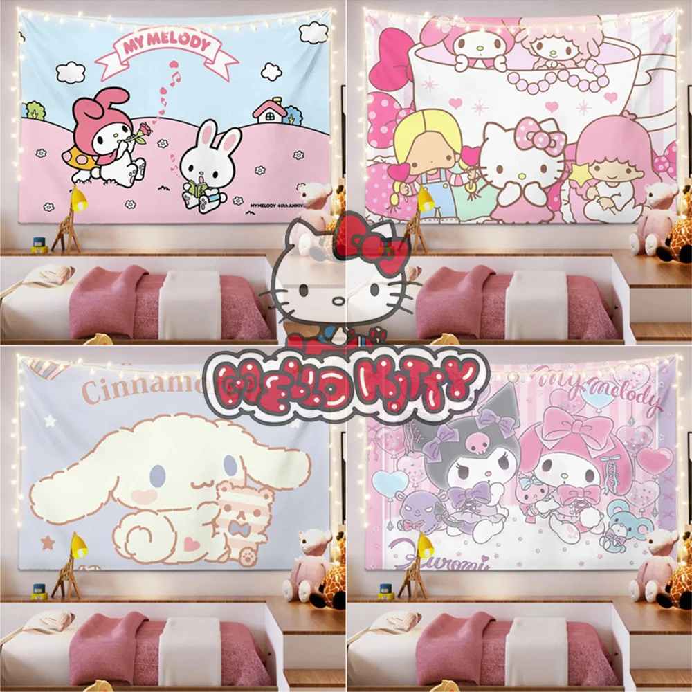 Kawaii Sanrio Hello Kitty Tapestry My Melody Cinnamoroll Kuromi Cartoon  Cute Textile Wall Covering Cute Girl Living Room Decor