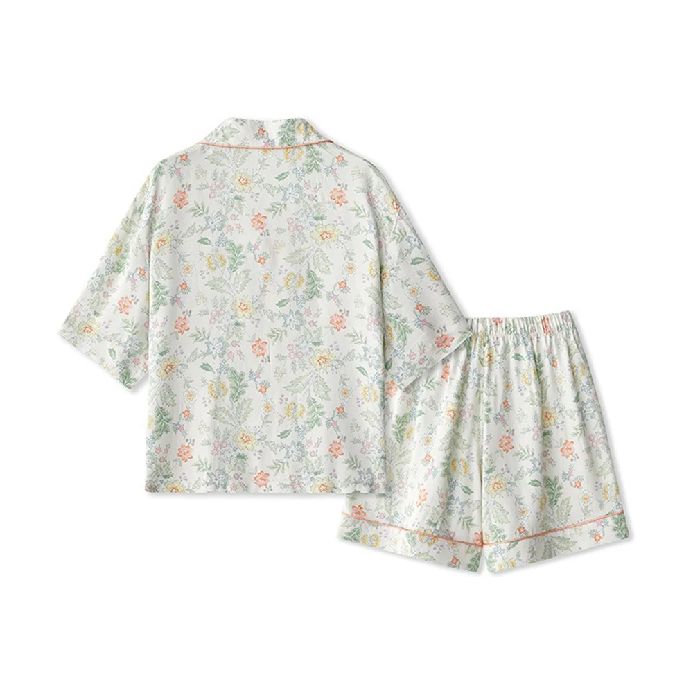 SXTHAENOO 2023 Summer New Women's Pajama Set 100% Cotton Short Sleeve+Capris Two Piece Set for Large Flower Thin Home Furnishing