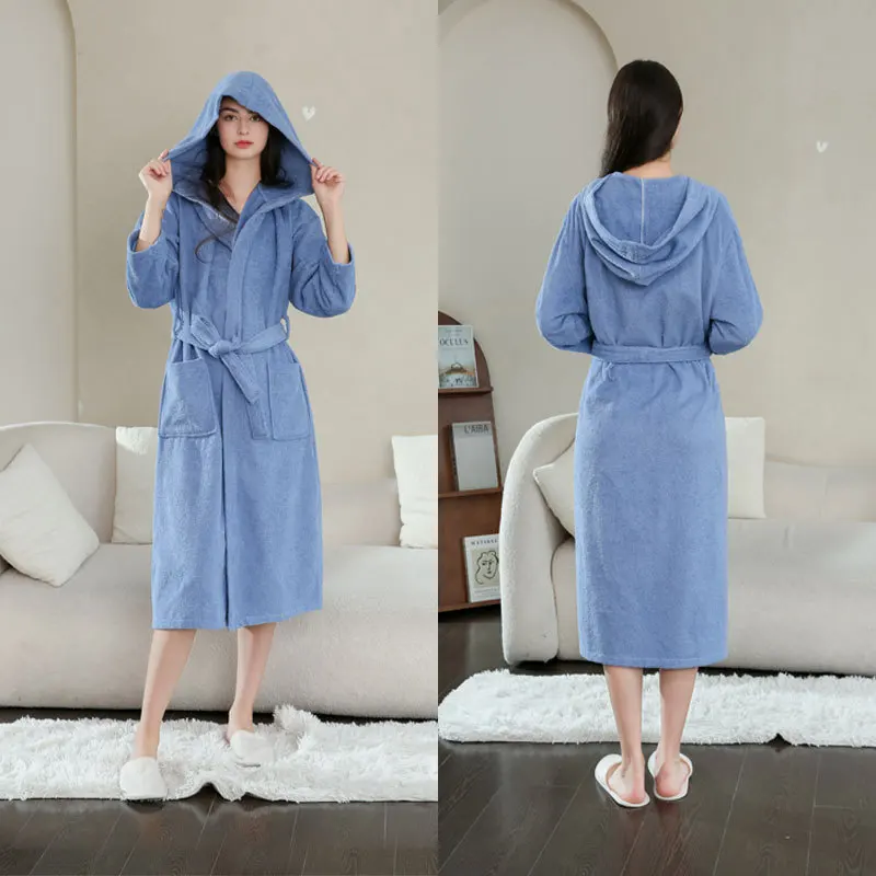 2023 New Solid Robe Hooded Women Lace Up Winter Fashion Causal Home Bathrobe Long Sleeve Men Couple Sleepwear Pajamas
