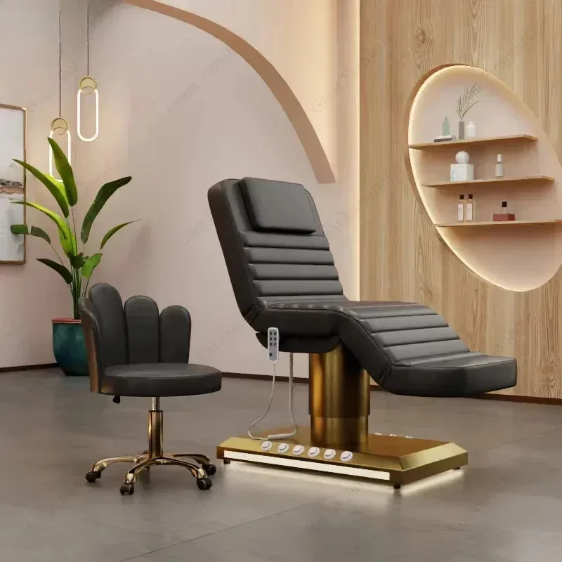 2026 핫 세일 럭셔리 뷰티 살롱 전동 미용 침대 3 모터 골드 스테인리스 스틸 베이스